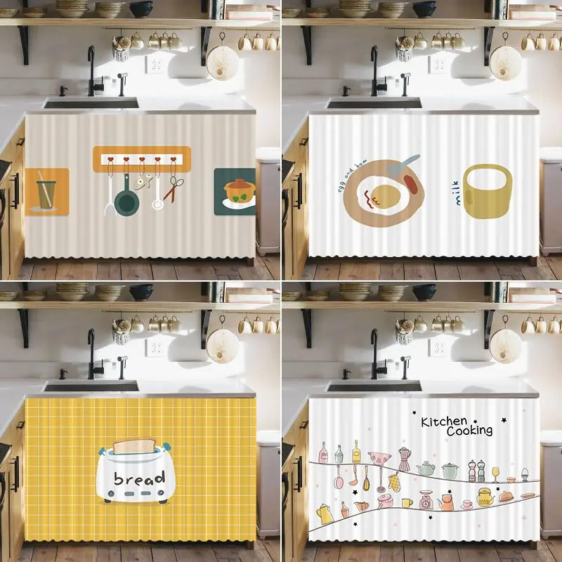 VIKAMA Cartoon Kitchen Cabinet Curtain Cute Cookware Print Light Filtering Dust Cover Partition Curtain Sink Cupboard Home Decor