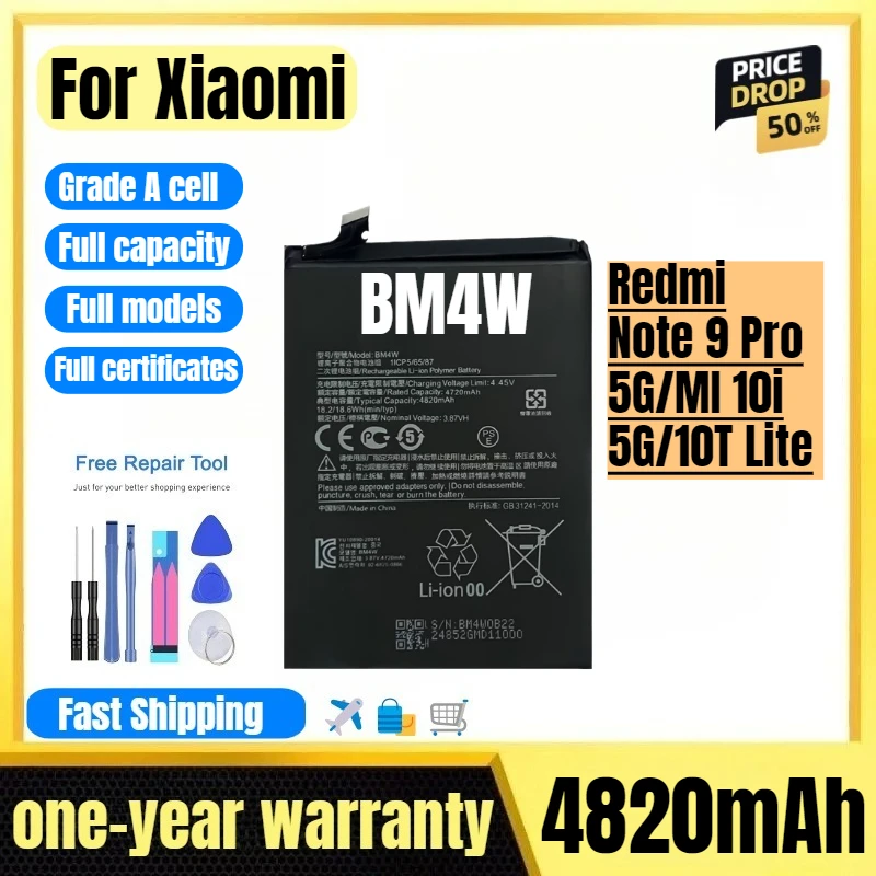 

BM4W for Xiaomi Redmi Note 9 Pro 5G/MI 10i 5G/10T Lite Phone Battery High Quality High Capacity Replacement Bateria with Tools