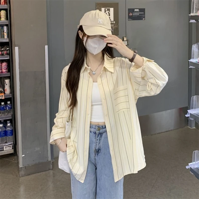 Striped Shirts & Blouses For Women Elegant Chic High Quality Clothing Trend 2025 Pretty Promotion Youth Cool Button Up Woman Top