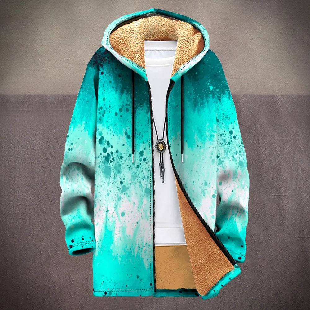 Winter Long Hoodie Parka Abstract Bubble Geometric Gradient Print Cardigan Coats Fleece Jacket Warm Outerwear Oversize Men Women