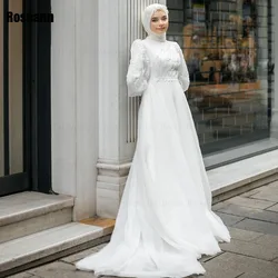 Customized Muslim A-line Wedding Dresses Applique Flowers Draped Pleat Brush Train Satin Bride Gown Floor Length robe de mariée