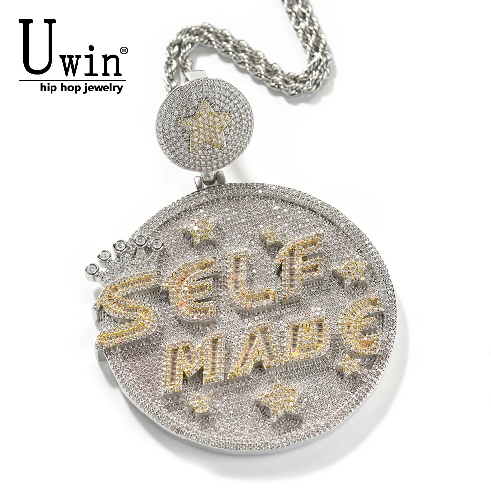 

Uwin Large Rould Pendant With Letter Self Made Iced Out Cubic Zircon Star Charm Necklaces Hip Hop Jewelry Gifts For Men