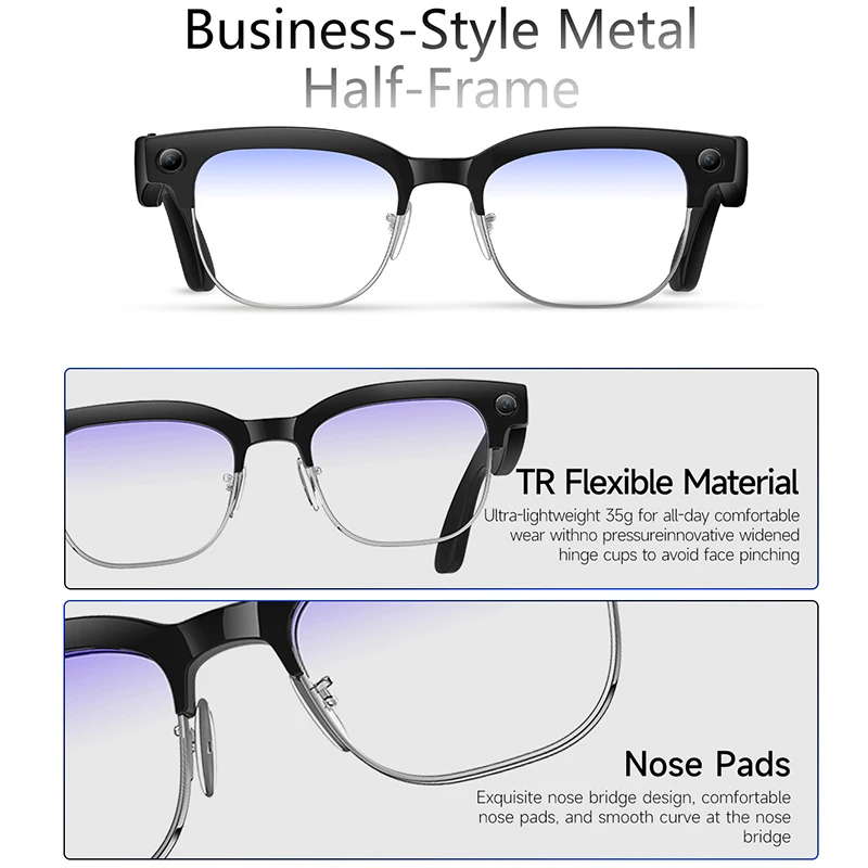 Inteligentne okulary IP65 z AI, kamera HD 800MP, nagrywanie wideo i zdjęć, połączenia Bluetooth, asystent głosowy, odtwarzacz muzyki, inteligentne okulary przeciwsłoneczne z funkcją tłumaczenia.
