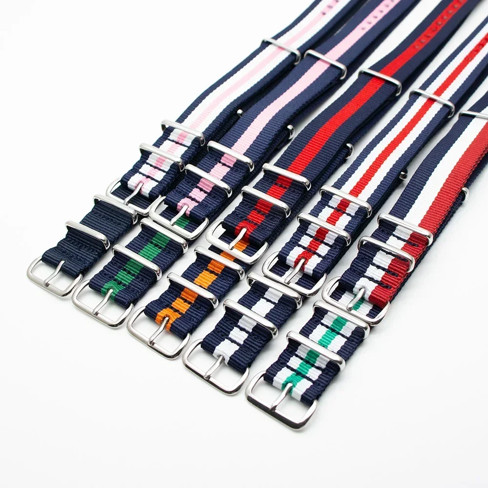 Durable Striped Nylon Wristband Bracelet Style Watch Band 18MM 20MM 22MM 24MM Universal Strap for Sport Casual Watches