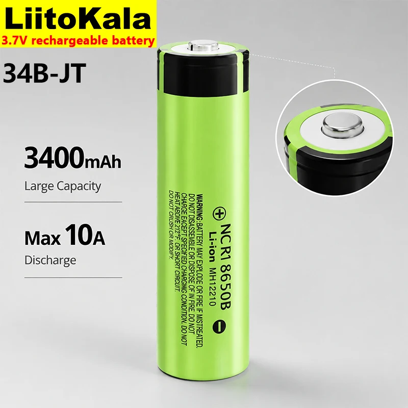 LiitoKala NCR18650 34B-JT 3400mAh 3.6V 10A Continuous Discharge Rechargeable Lithium Ion Cell For Flashlight