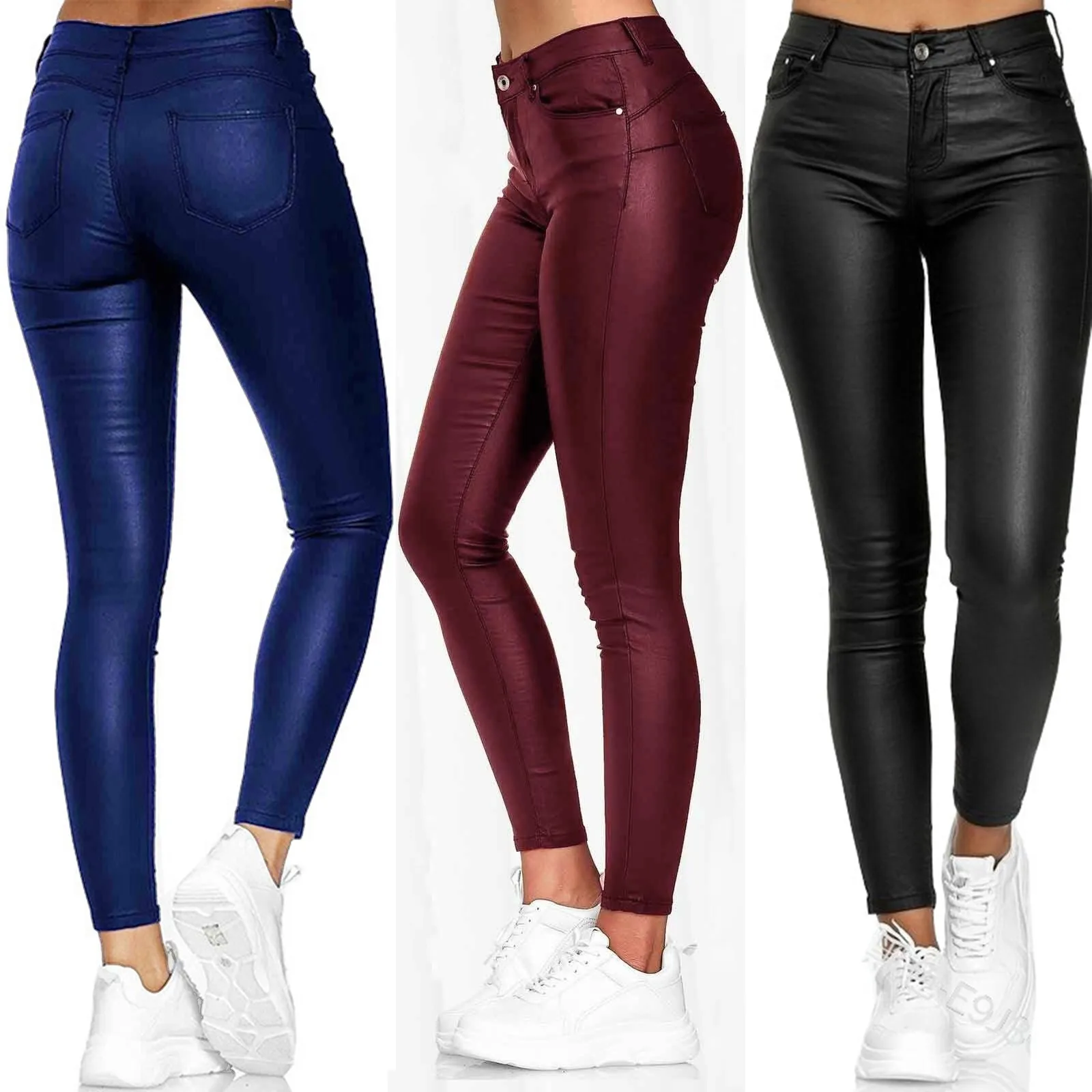 High Waisted Straight Leather Trousers Women Zipper-Up Casual PU Leather Pants Female Black Wine Spring Autumn Leather Pants