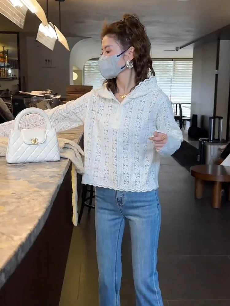 

Женская вязаная шапка свободного кроя с кружевным цветочным узором, европейский стиль, весенняя новинка, базовый слой, длинное пальто с рукавами