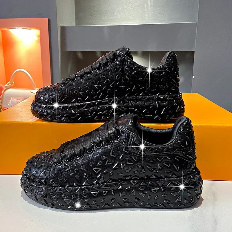 

2025 Autumn Leather Women Shoes New Style Fashion Platform Shoes Ins Platforms Sneakers Tide Shine Bling Rhinestone Shoes