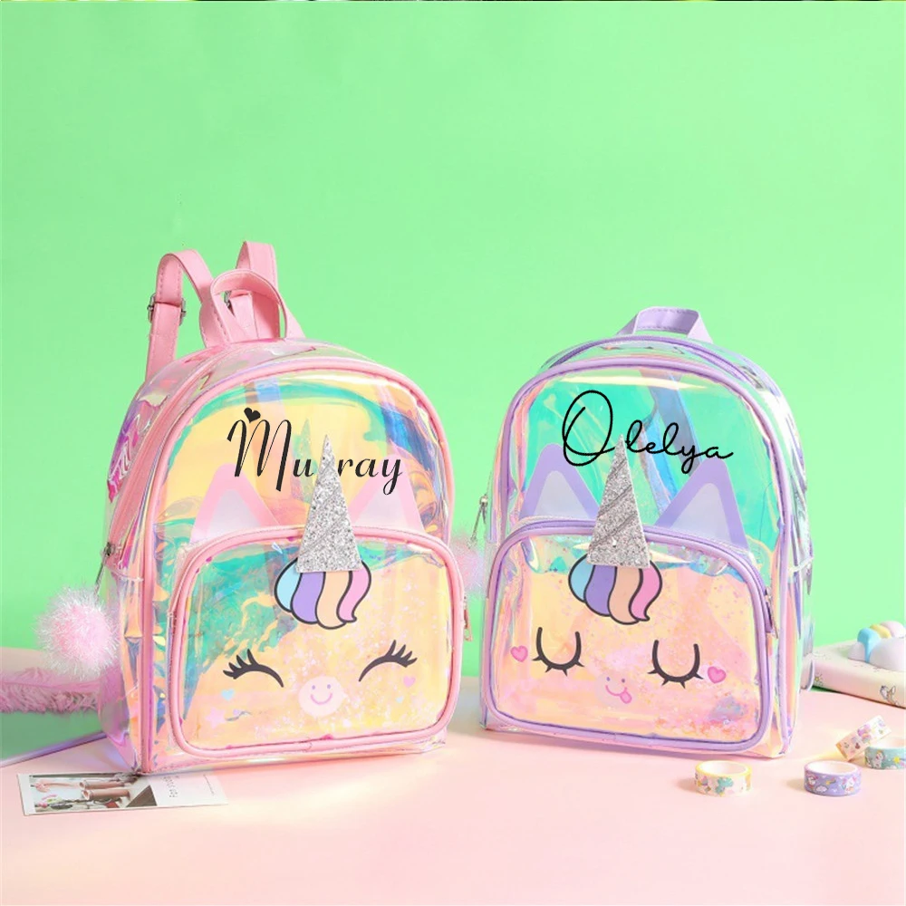 

New Arrival Unicorn Backpack Custom Name Children's Cartoon Backpack Transparent PVC Girl's Outdoor Bag Student Schoolbags