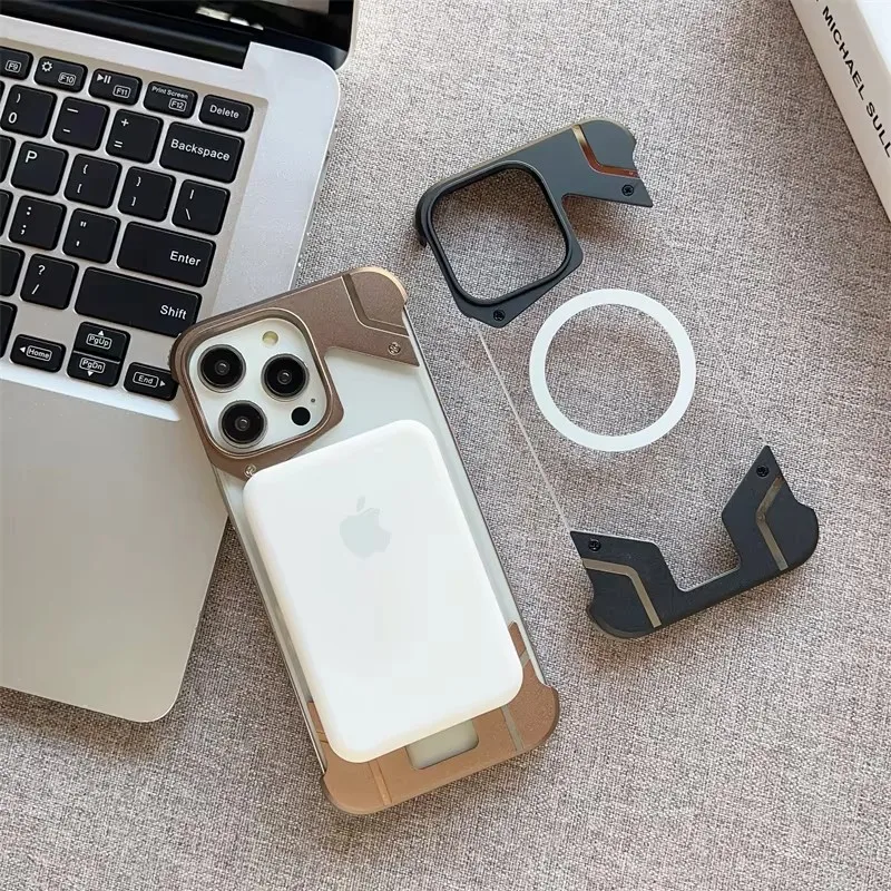 

Phone Case Magsafe Magnetic Transparent For iPhone 16 15 14 13 Pro Max Plus Metal Frame Bumper Aluminum Alloy Frameless PC Cover