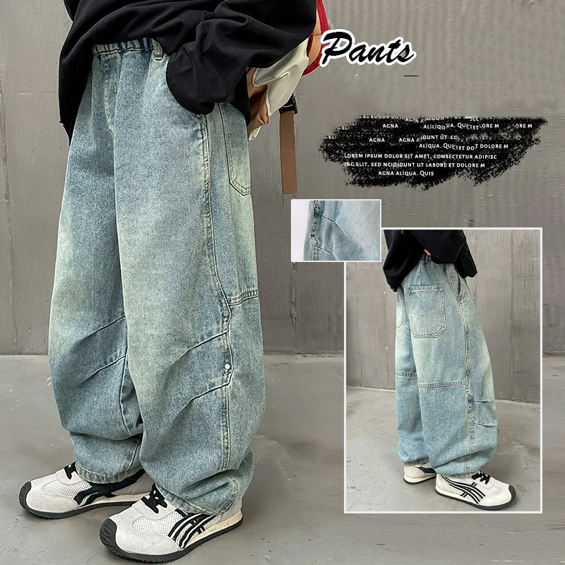 

Baby Boys Jeans With Wrinkle Design Teen Boy Denim Teenage Spring Autumn Long Trousers Toddler Deep Blue Jeans Toddler Age 4-14Y