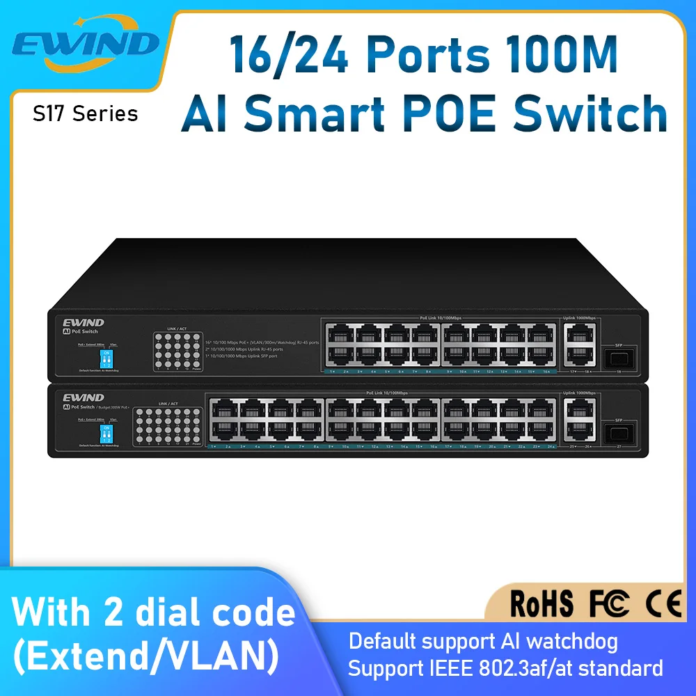 EWIND 100M 16/24 Ports POE Switch Ethernet Switch with 2 10/100/1000M Uplink RJ45 Ports and 1 100/1000M SFP Slot AI Smart Switch