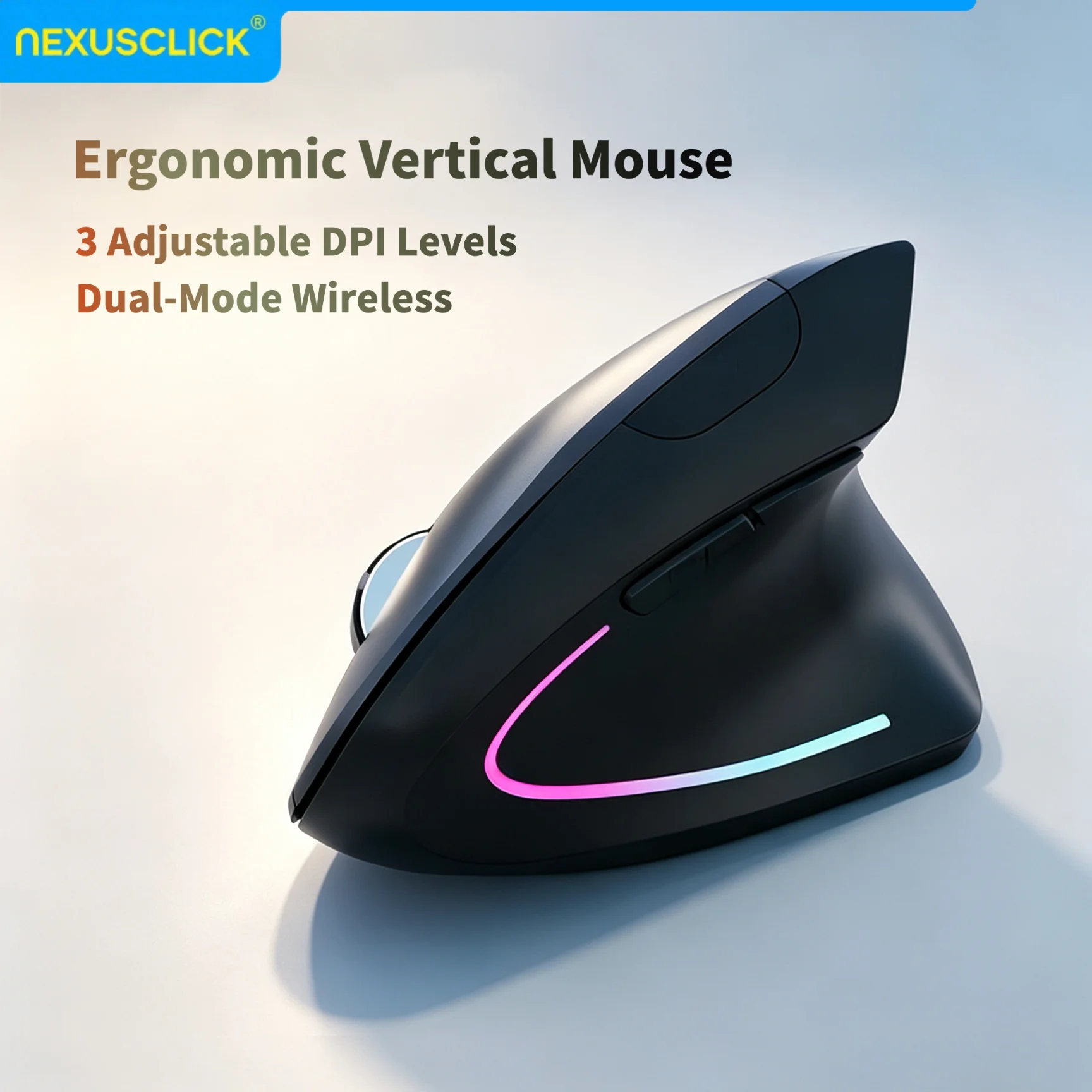 NexusClick Dual Mode Ergonomic Vertical Mouse,Rechargeable/AA Battery Powered,Adjustable DPI Mute Buttons RGB Mouse for Computer