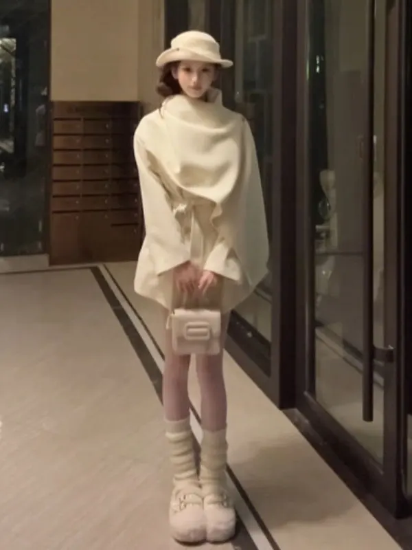 

Double-Sided Woolen Coat Korean Sle Rich Girl Sensation Cowl Ne Coat Vintage Loose Fit Long Sve Soft Comfortable Fabric