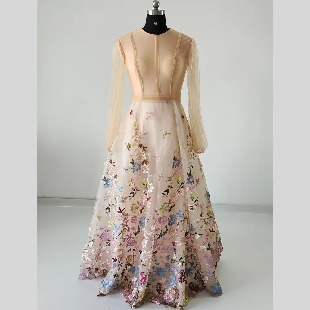 

Customized Real Photo Modest Evening Dress O-neck Full Sleeves A-line Floor Length Zipper Plus size WOmen Party Formal Gowns