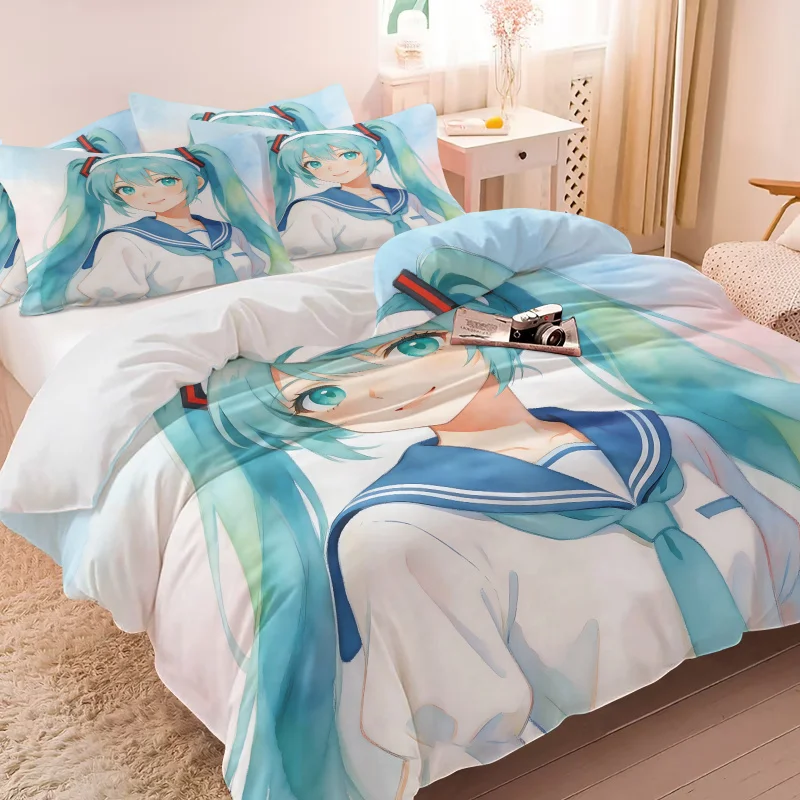 Hatsune Miku Sailor Uniform Duvet Cover Set Watercolor Anime Bedding with Pillowcases Gaming Room Teens Kids Bedroom Decor Gift