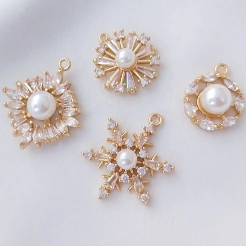 

1Pcs Copper Charms 14K Gold Color Micro Zircon Snowflake Half Hole Bead Holder Pendant Handmade DIY Pearl Jewelry Accessories