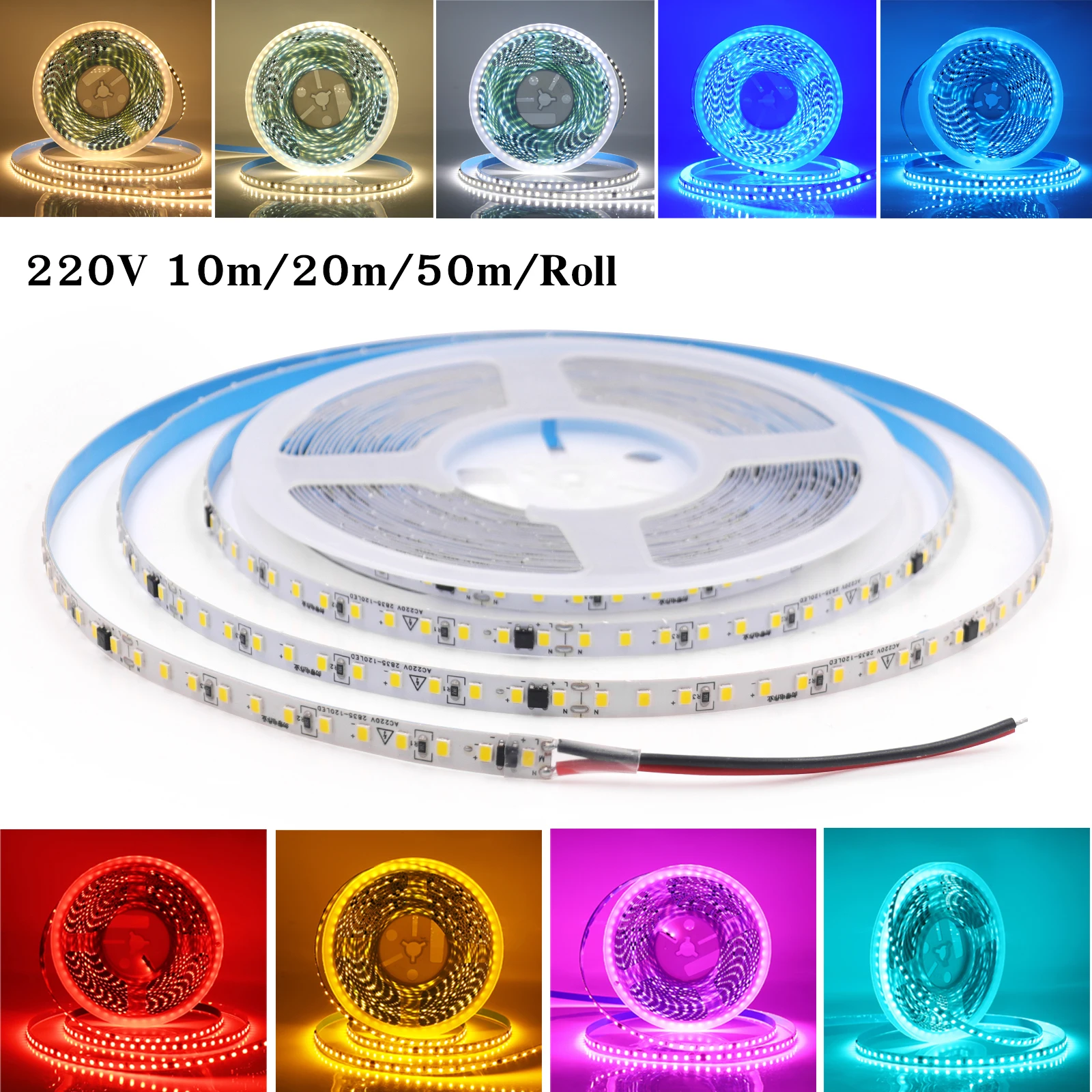 

10m 20m 50m 220V LED Strip 2835 120LEDs 8mm Flexible Ribbon Tape Light Waterproof Decoration Warm/Natural/Cool White Red Blue