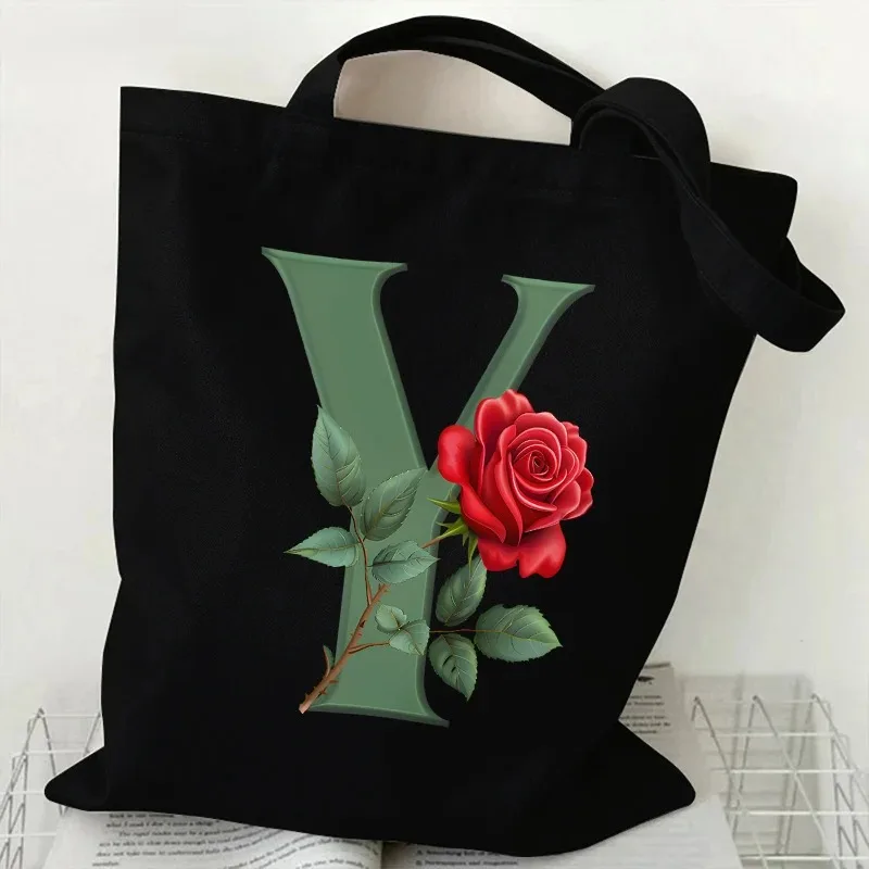 Borsa tote in tela da donna moderna con stampa di lettere Green Rose AZ 26 Zaino per studenti Borsa a tracolla pieghevole ed ecologica