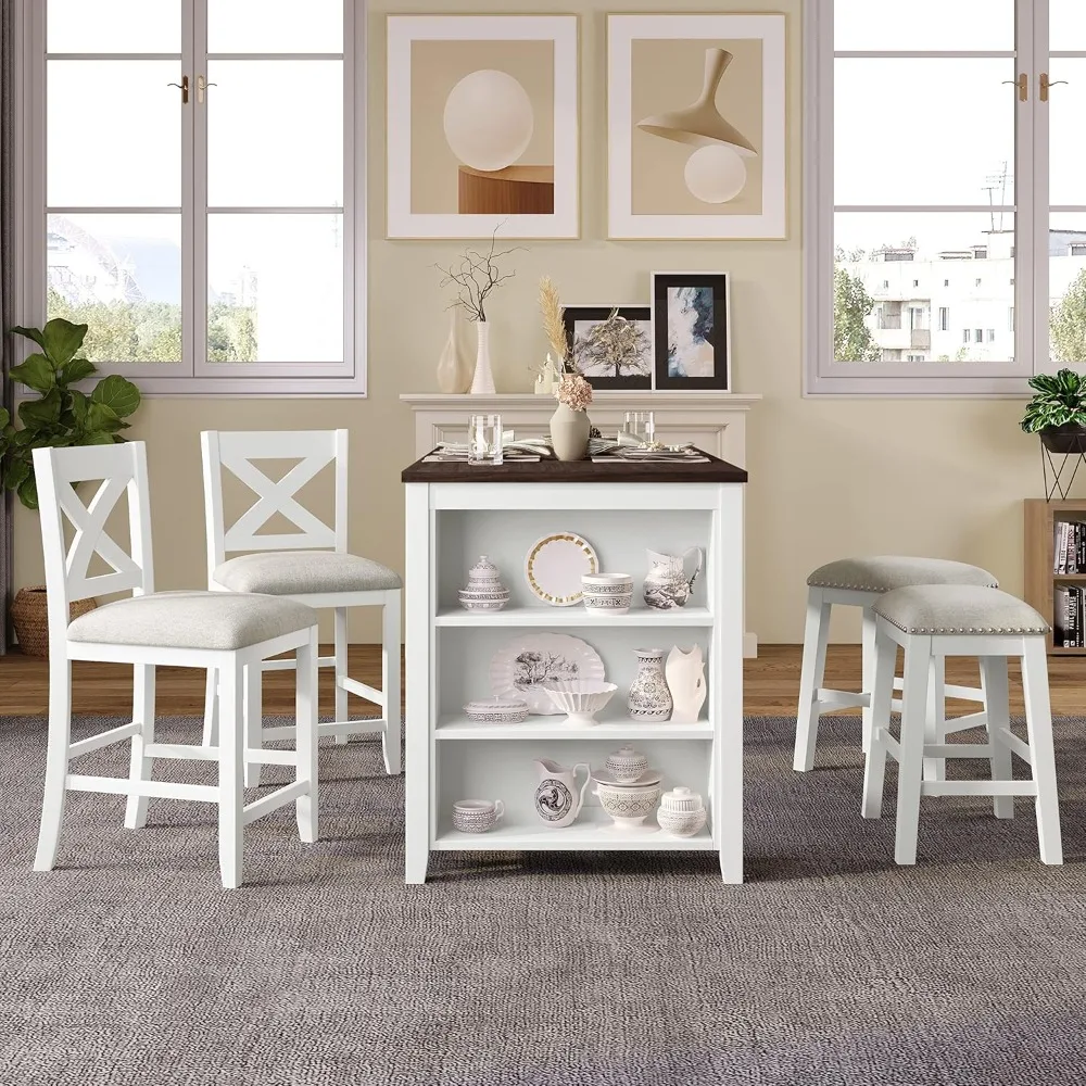 Conjunto de mesa de jantar com altura de balcão de 5 peças, conjunto de mesa de cozinha de fazenda com prateleiras de armazenamento, 2 cadeiras de jantar e 2 bancos, branco