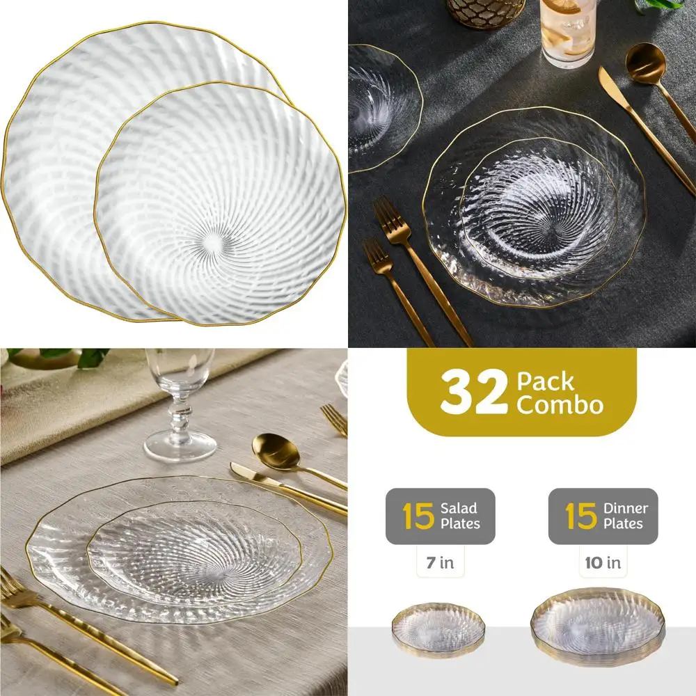 

Disposable Clear Plastic Plates Set - 60 Pack of 10 and 60 Pack of 7 Elegant Spiral Gold Rim Plates for Parties and Events