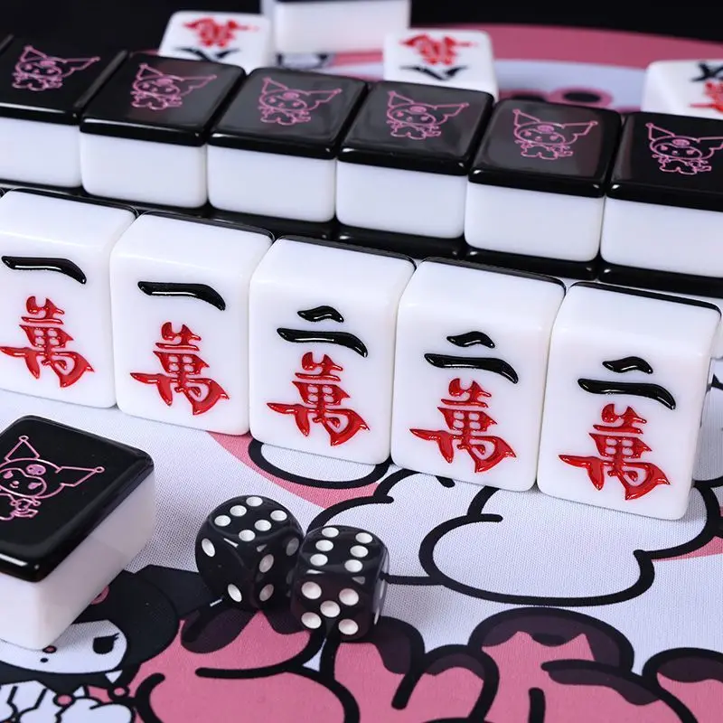 Sanrio Kuromi Mahjong Set 144 Tiles Travel Portable Mini 26mm Engraved Black Mahjong Tiles for Beginners Family Party Games Gift