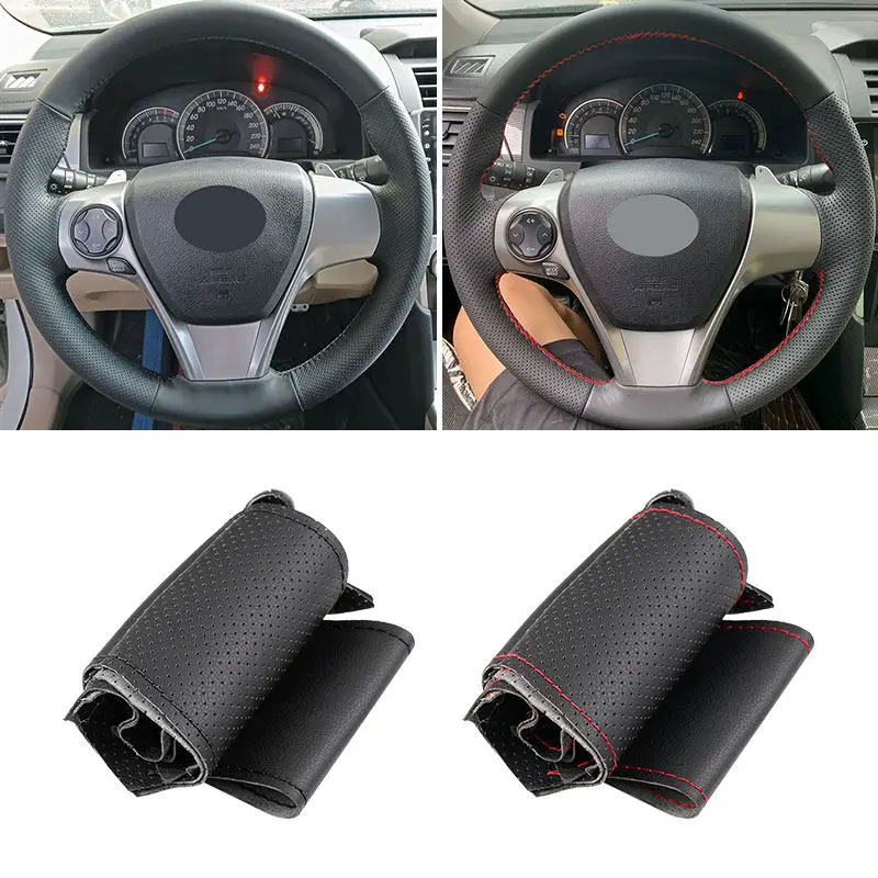 

Microfiber Perforated Leather Cover For Toyota Venza Camry (US) 2013 2014 2015 2016 Car Steering Wheel Trim w/ Threads Strip