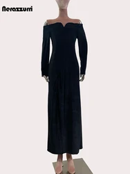 Nerazzurri Spring Autumn Long Fitted Soft Black Velvet Dress Women with Long Off Shoulder Sleeve Elegant Luxury Chic Clothes