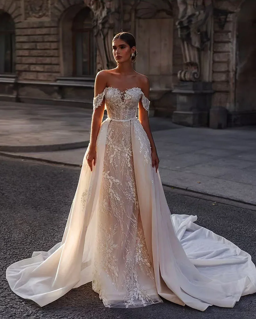 

Customized Exquisite Mermaid Wedding Gown Sequin Lace Appliques Detachable Train Floor Length Bridal Dress Vestidos De Novia