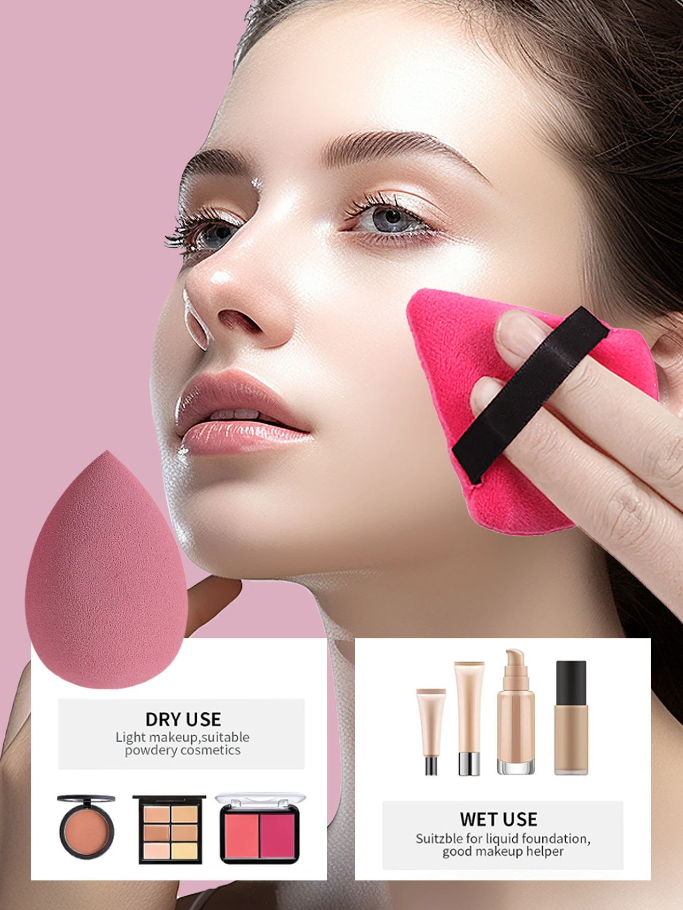 Diadema práctica con lazo, correa para la muñeca, cepillo de limpieza suave de doble cara, esponja de maquillaje portátil, juego de herramientas para polvos, 6 uds.