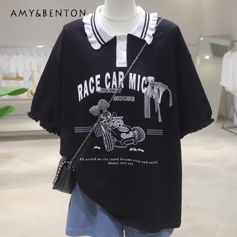 

Contrasting Color POLO Collar Cartoon Sweet T-shirt Summer Loose And Thin Fungus Sleeves Pure Cotton Short-sleeved Tees Ladies