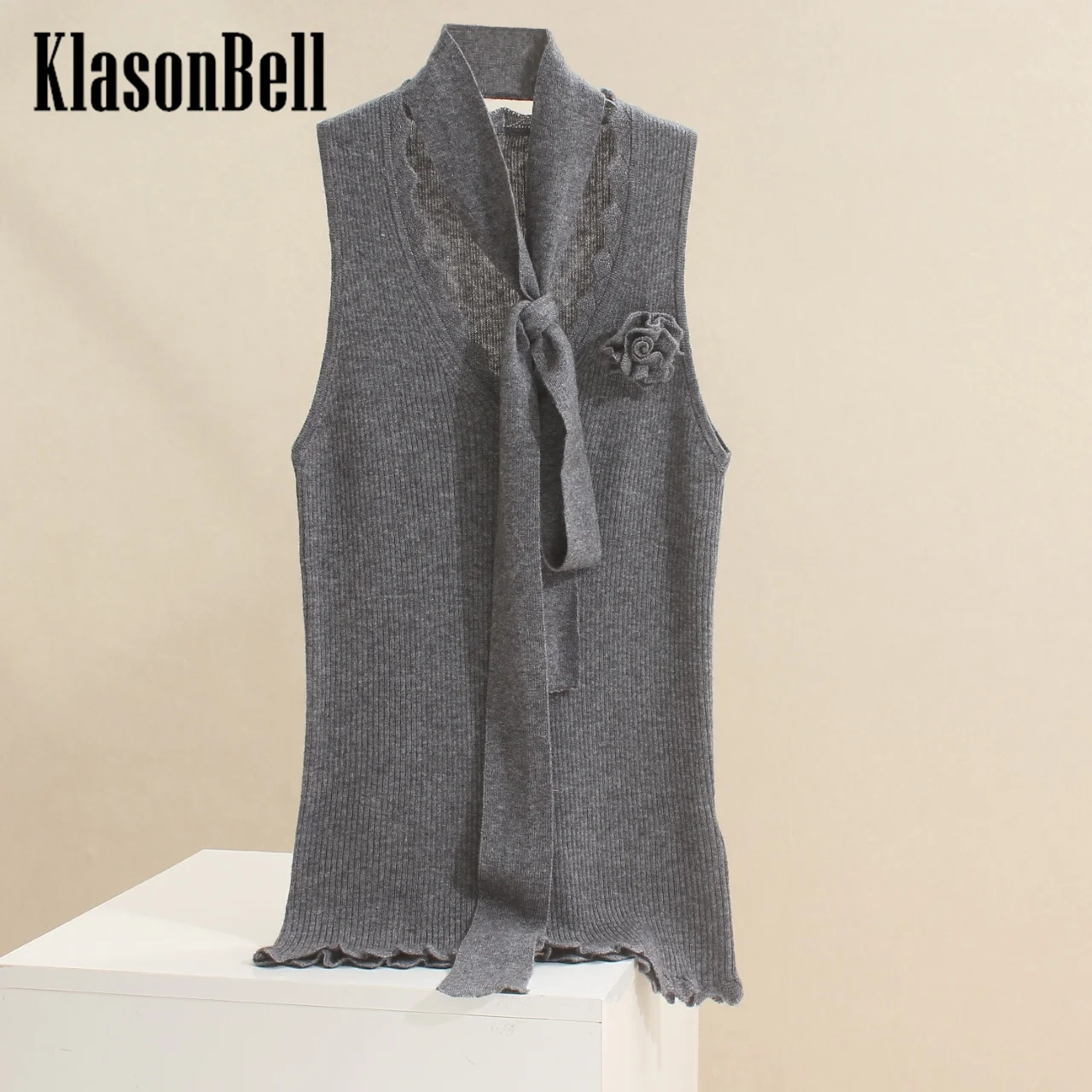 9.24 KlasonBell Women Fashion Three-dimensional Flower Decoration Wave V-Neck Knitted Vest With Ribbon Gray Slim Tank Top