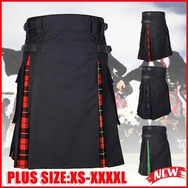 Plus Size Scottish Hybrid Cotton e Tartan Utility Kilts, couro Straps Kilts para homens, preto