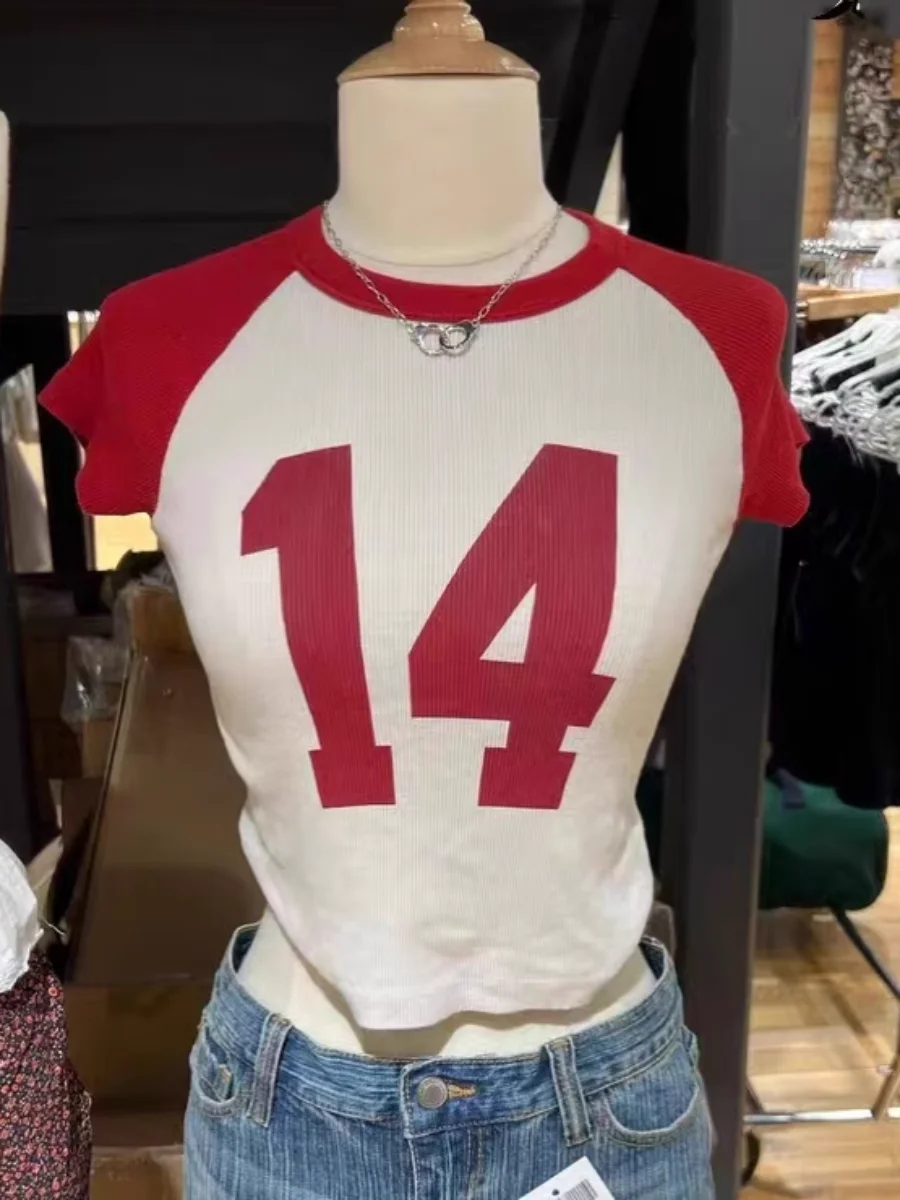 

Print 14 Patchwork Short Sleeve T-shirt Woman Summer Round Neck Slim American Vintage Tee Shirt Sweet Cute Chic Tshirt Y2k Top