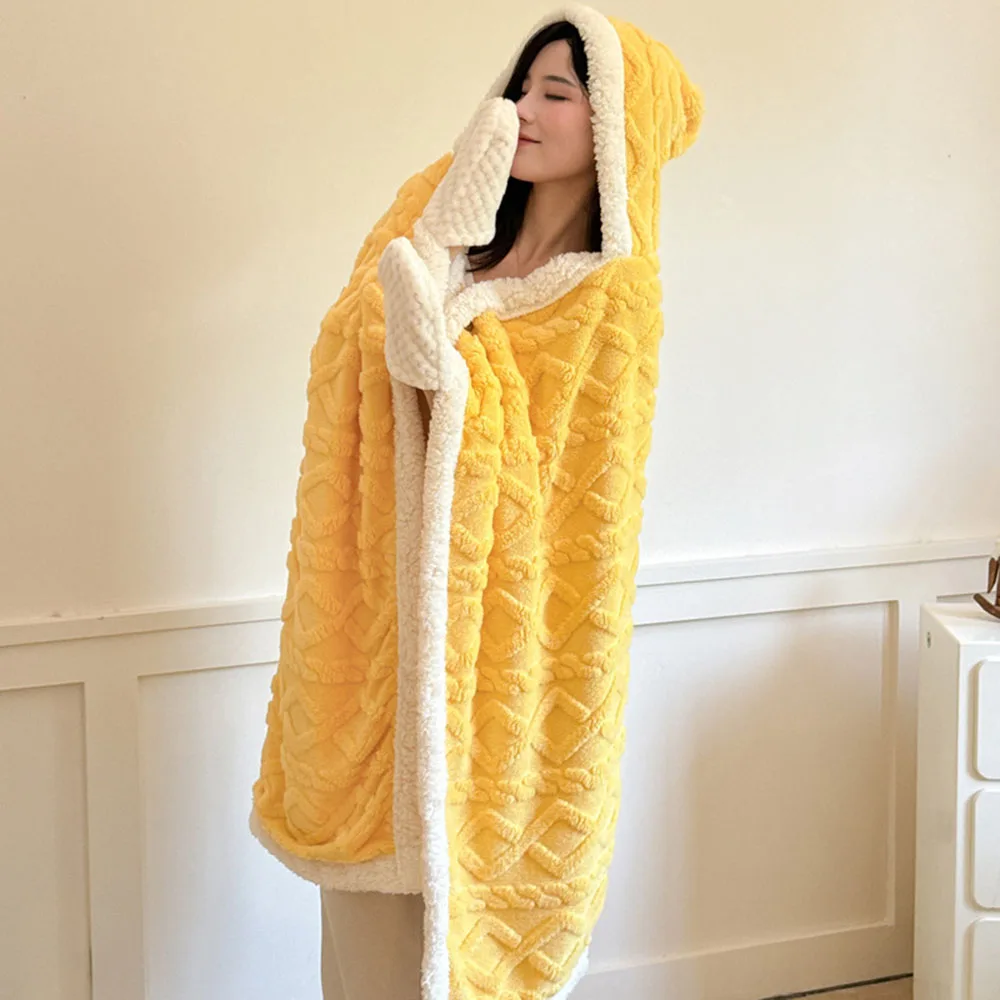 New Hooded Shawl Wearable Blanket Embossed Texture Warm Cape Throw for Women Home Office Nap Outdoor Travel