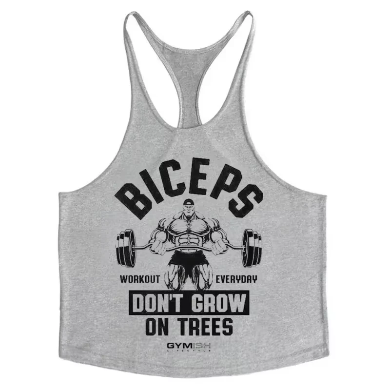 2026 Herren Y-Back Gym Tanktops mit „Biceps Don't Grow on Trees“-Print aus atmungsaktiver Baumwolle – Ärmellose Weste für Bodybuilding und Armtraining – Detail 10