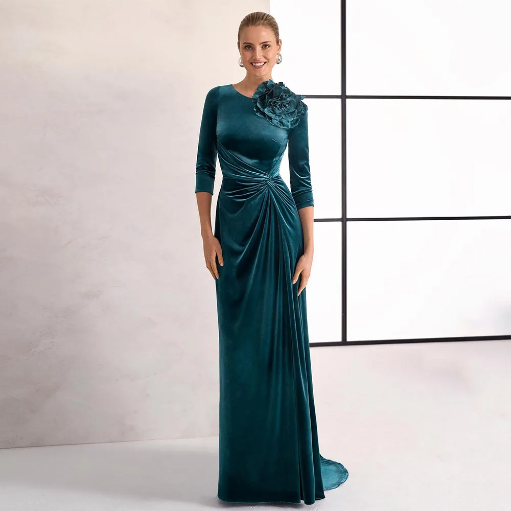 Customized Wedding Guest Gown Velvet Three Quarter Mermaid/Trumpet Mother of the Bride Dress 3D Flower Pleated Formal Party Gown