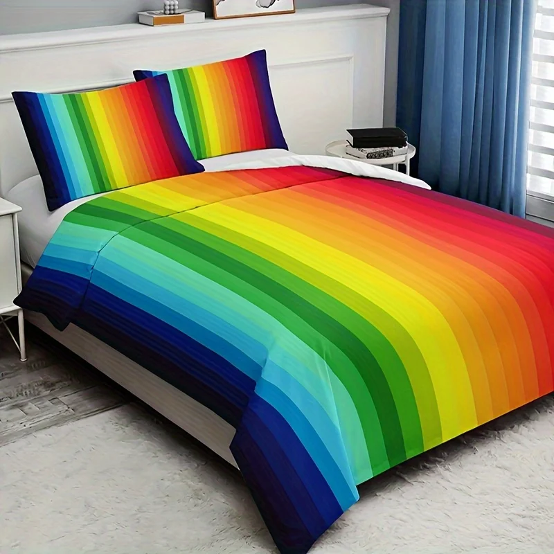 3pcs Fashion Duvet Cover Set, Rainbow Striped Print Bedding Set, Soft Comfortable Duvet Cover, For Bedroom, Guest Room (1*Duvet 