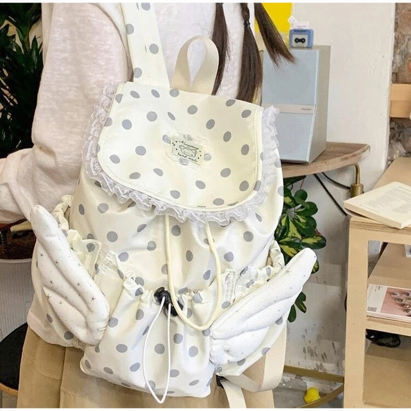 Angel Wings Polka Dot Studenten-Rucksack mit Kordelzug, koreanische süße süße Schultasche aus Nylon, leichte, lässige, geräumige Reisetasche – Detail 13