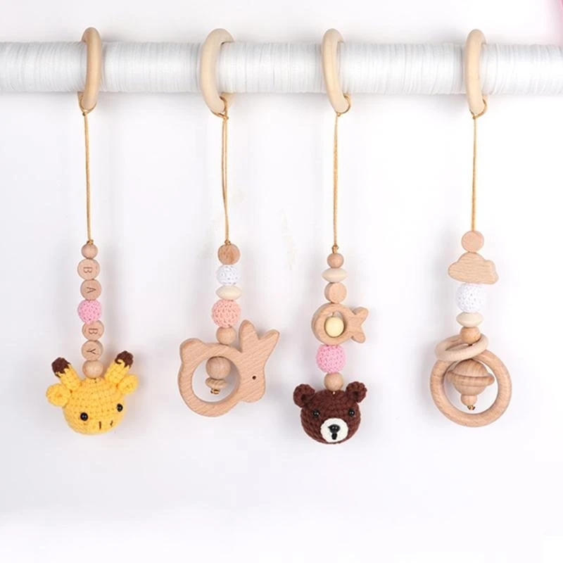 

J15U 4 Pcs Baby Gym Frame Pendants Crochet Rattle Wooden Teether for Infant Newborn