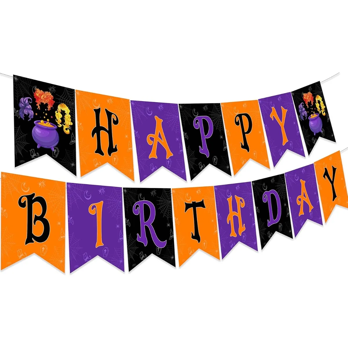 Funmemoir Halloween Happy Birthday Banner, Witch Theme Witches Sisters Party Decorations Black Purple Orange Bday Party Supplies