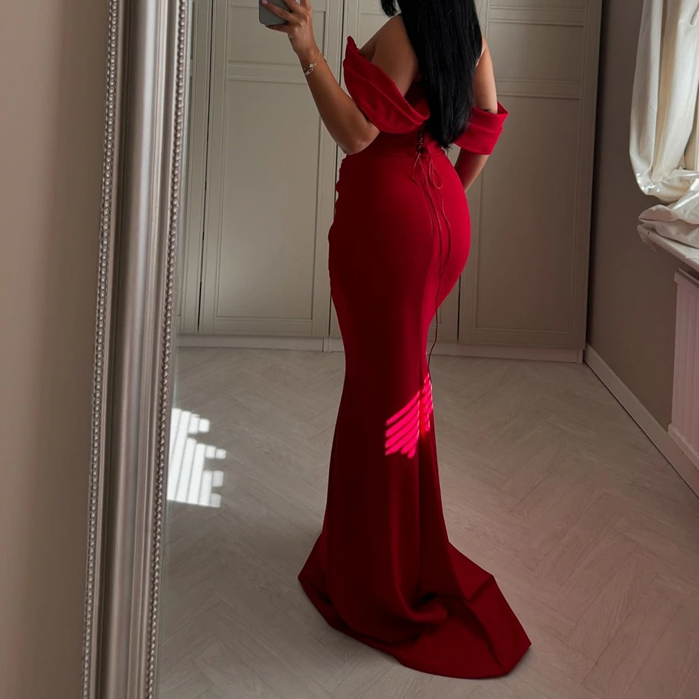 Customized Jersey Mermaid Off the Shoulder Evening Dress Scoop Floor Length Lace Up Back Sleeveless Sweep Train Red Luxury