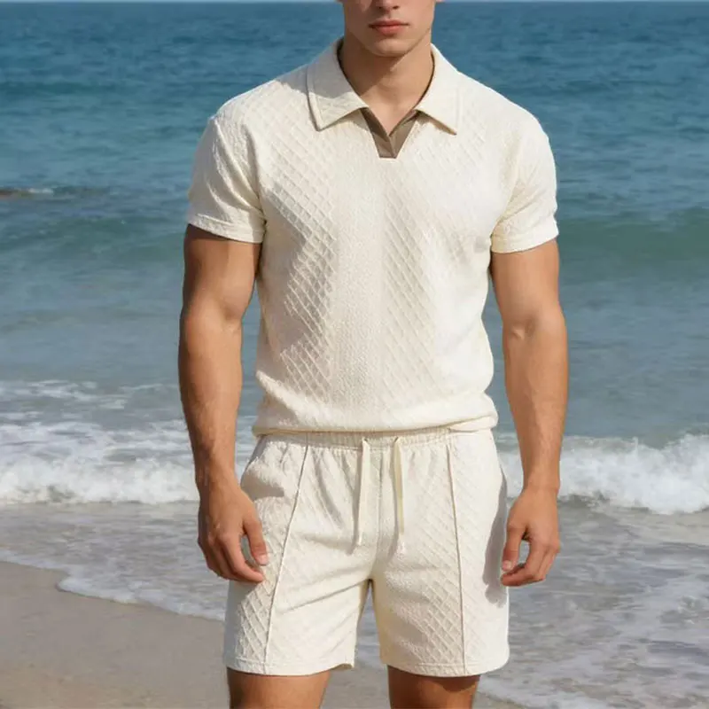 

Новый повседневный спортивный костюм для мужчин: летний комплект из футболки-поло и шорт, вафельный пляжный костюм, модный комплект из 2 предметов, спортивная одежда