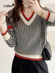 Fashion Color Contrast Sweaters New Long Sleeve Loose V-neck Autumn Winter All-match Knitting Bottoming Shirt Comfortable Top