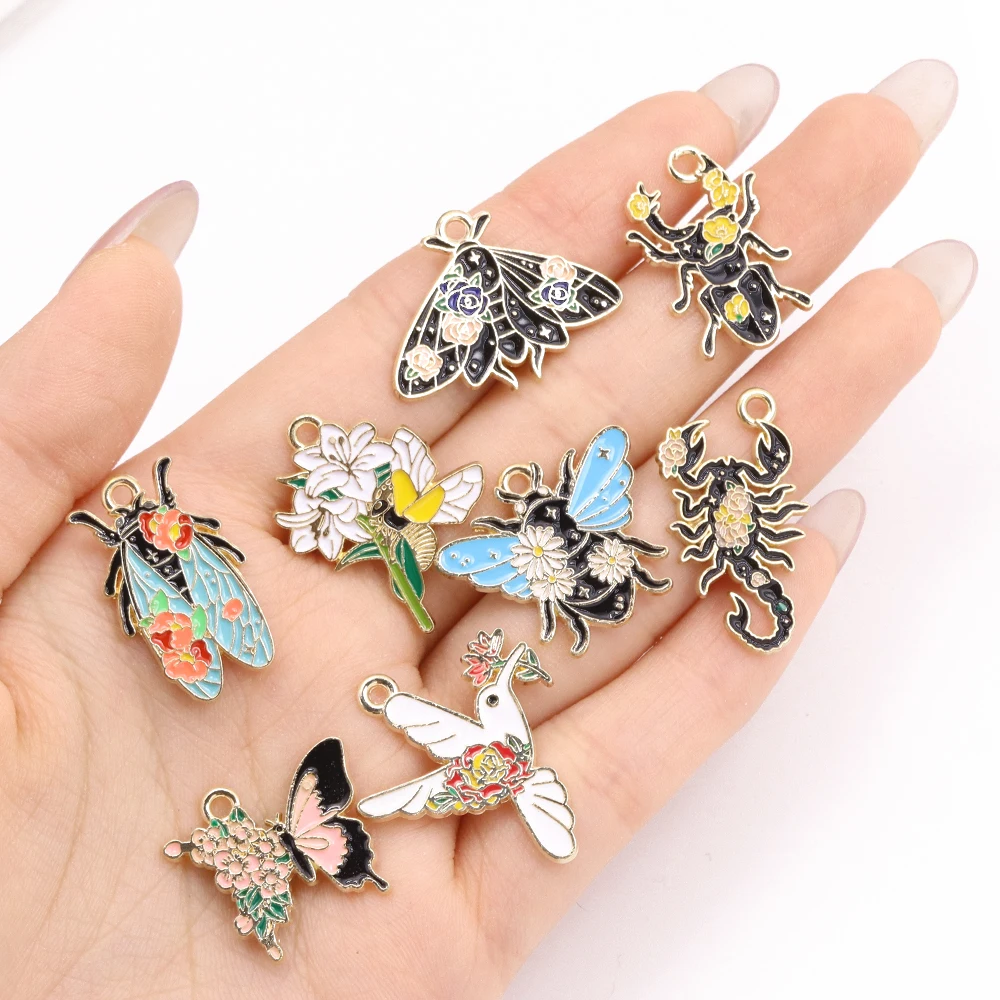 10Pcs Flower Insect Charms Alloy Enamel Exquisite Pattern Moth Butterfly Pendants for DIY Jewelry Making Necklace Accessories