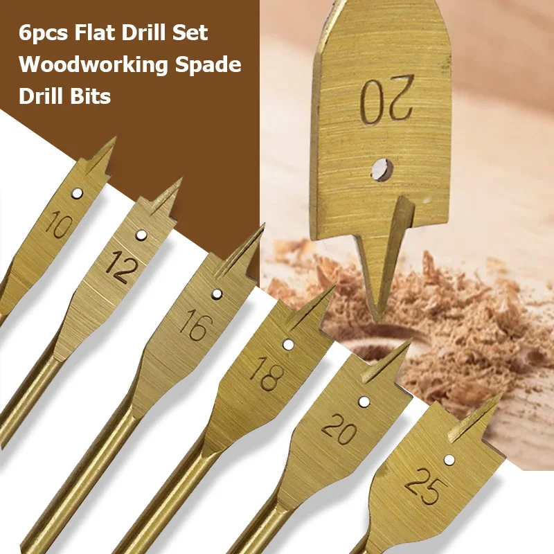 

6pcs, Spade Drill Bit Set, Hole Opener, Carpentry Flat Drill Titanium-plated Set