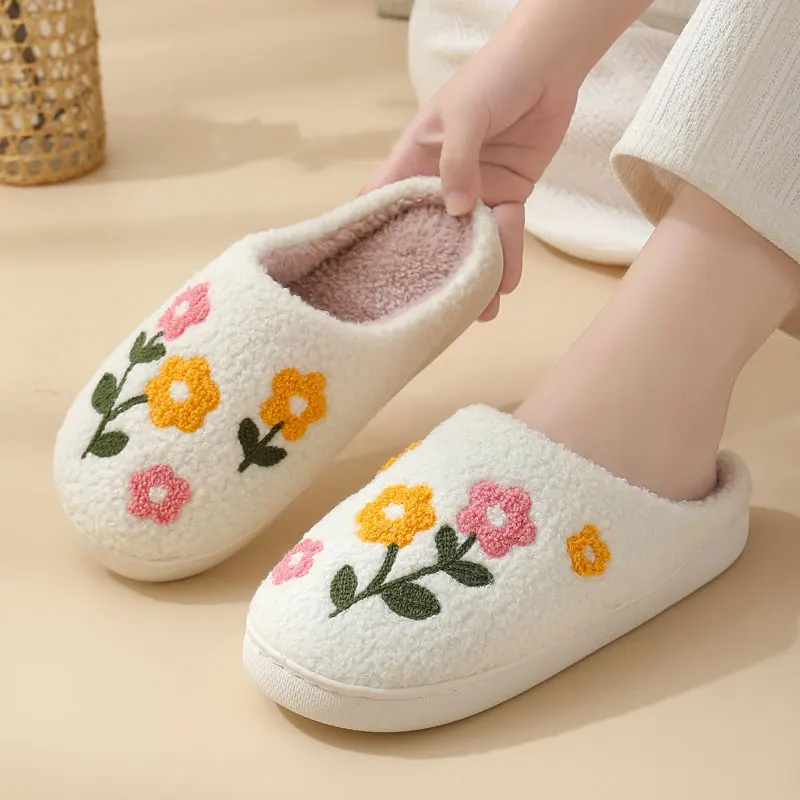 Flower Embroidery Pattern Fuzzy Women's Slippers Winter Comfy Warm Cute Indoor Casual Fashion Girl Bedroom Soft Sole Home Shoes