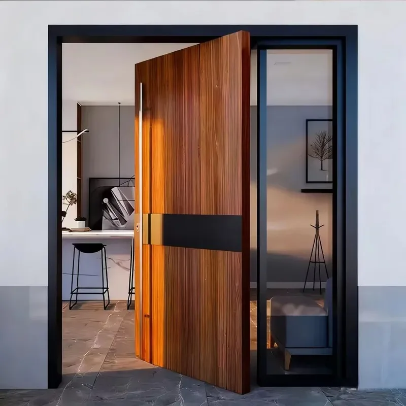 Modern Home Security Pivot Door Steel Aluminum Front Double Door Luxury Walnut Entrance Door