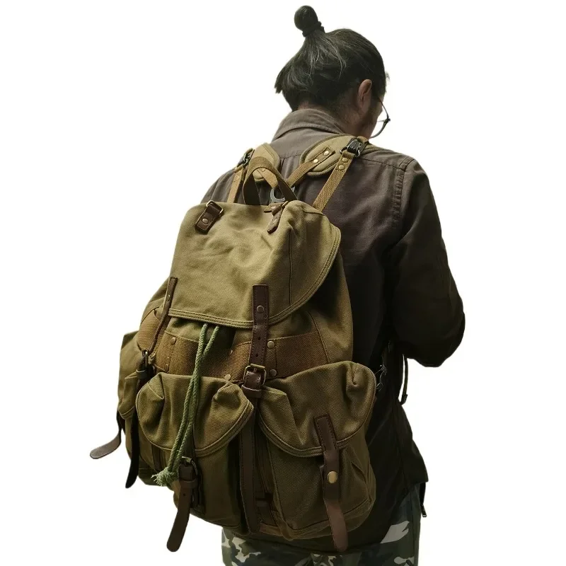 

Green casual canvas pull rope backpack bag hot sale pull rope seal