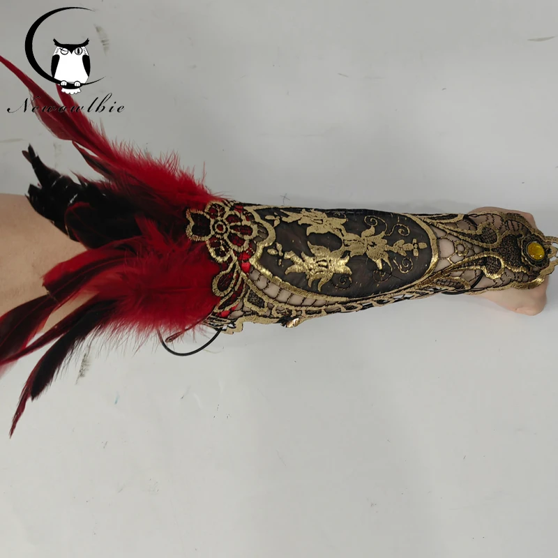 

New Halloween Dress up Gloves Sexy Lace Feather Long Gloves Gothic Mesh Sleeves Stage Performance Fingerless Gloves 1 piece